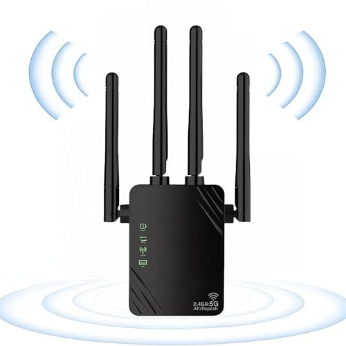 AILKIN 2024 new powerful 1200mbps WiFi amplifier, 5Ghz and 2,4Ghz dual-band, Gigabit WPS port, with 4 powerful wall-penetrating antennas, compatible with all network boxes.