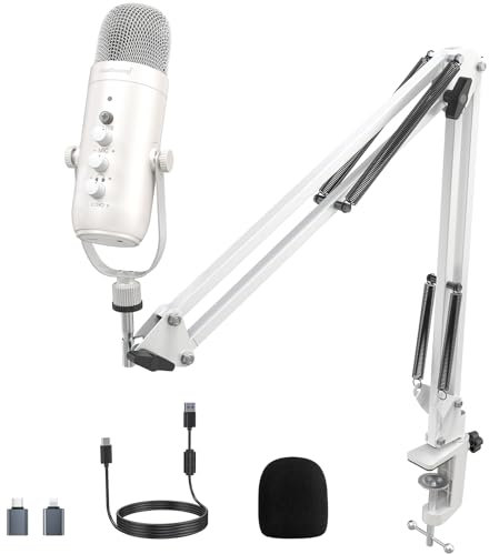 zealsound USB-Mikrofon-Set, k66 Perlweiß Gamging Mikrofon für PC/Mac/Handy/iPhone/PS5, mit Geräuschunterdrückung &Stummschaltung, weißer Galgenarm, für Aufnahme, Podcast, Discord, Youtuber, Voice-Over