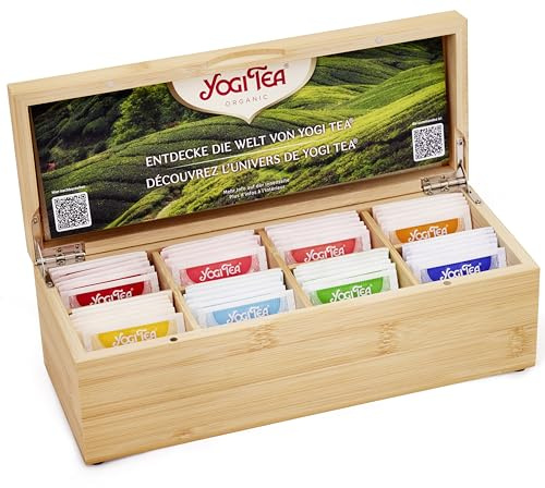 Yogi Tea Bio Tee Geschenkbox Bambus - Teebox mit Kräutertee, Chai, Schwarztee - Set für Frauen & Männer - Für Wellness & Entspannung - 48 Teebeutel (8 Sorten)