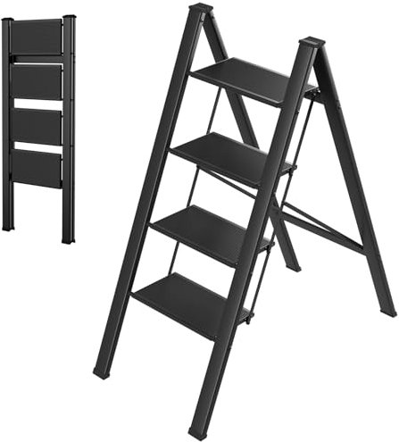 LIFERUN Alu Trittleiter mit 4 Stufen Klappbar rutschfeste Stehleiter Haushaltsleiter Multifunktionaler Tritthocker Leicht Verstauen bis 150 kg Belastbar für Küche Haushalt Außenbereich Büro Schwarz