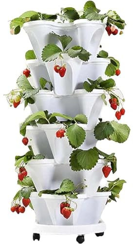 Jardinière verticale empilable à 6 niveaux pour tour de jardin, fraises, herbes, fleurs et légumes avec roues amovibles, pots de jardinage intérieur/extérieur
