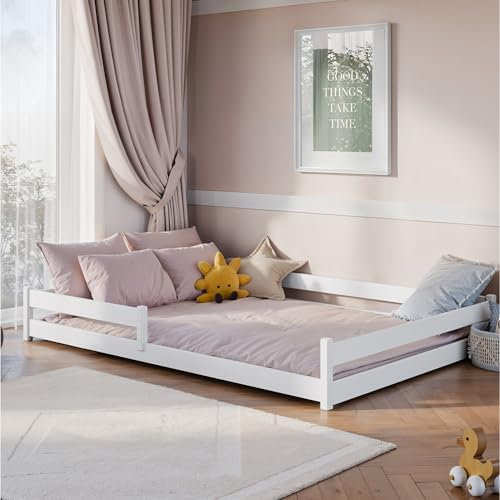 Kids Collective Kinderbett Bodenbett 140x200 cm mit Rausfallschutz & Lattenrost Montessori Bett Bed Gitterbett Kinder Jugendbett Einzelbett optional mit Matratze | weiß