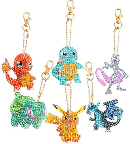 Diamond painting schlüsselanhänger kinder, 6 Pcs DIY Diamant Painting Anime Keyrings Set für Mädchen Junge ab 5 6 7 8 9+ Jahre, DIY Spielzeug Anhänger Malsets (A)