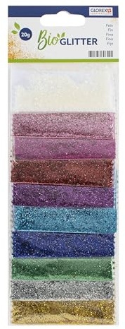 Glorex 6 2820 450 - Purpurina orgánica fina, 20 g en 10 colores, compuesta de celulosa, para decorar tarjetas de felicitación, manualidades y mucho más.