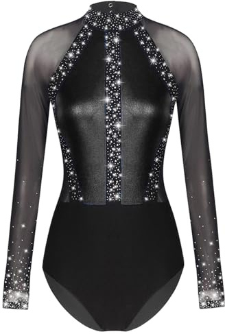Riismen Collant Pour Mesdames Manches Longues Combinaison De Gymnastique Avec Strass Patchwork Métallique Combinaison De Danse Ballet Collant Concours Justaucorps Noir S