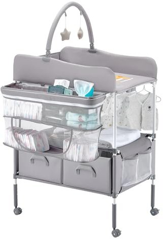VEVOR Table à langer pour bébé, station à langer pliable avec 2 tiroirs en tissu, panier latéral et tringle, table à langer portable à hauteur réglable avec roulettes verrouillables et 2 jouets en