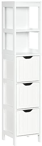 HOMCOM Armario Alto de Baño Estrecho con 3 Cajones y 2 Estantes Abiertos Columna de Baño Estilo Moderno para Salón Aseo Cocina 30x30x141,6 cm Blanco
