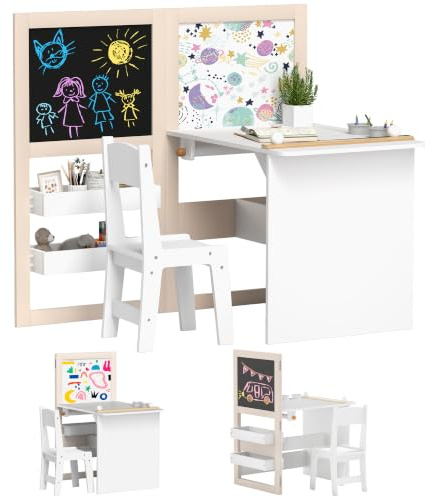 AIYAPLAY Kids Table and Chair Set, 3 in 1 Art, Foldable, Ages 3-8, White | Toddler Table and Chair Set, Storage Shelves, Blackboard, Whiteboard & Roll Paper