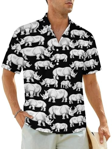 JOJOART Men's Short Sleeve Shirt Rhino Black White Casual Button Down Shirts Stand Up Collar Shirts Vacation Shirt Pocket L