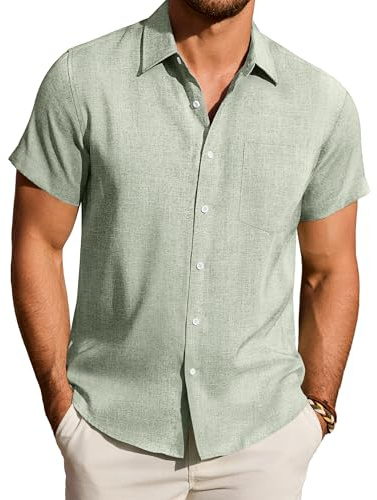 DEMEANOR Linen Mens Shirts Short Sleeve Summer Casual Button Down Shirt | Regular Fit, Linen Blend, Lightweight, Breathable, Utility Single Chest Pocket, Great for Hot Summer, Beach, Casual Outings