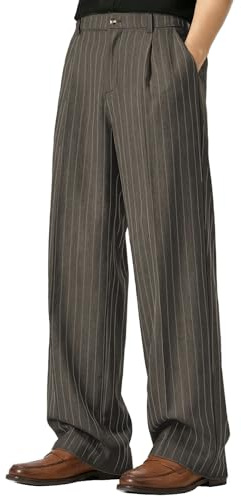 FEDTOSING Mens Pinstripe Casual Trousers Old Money Wide Leg Baggy Pleated Slacks Elastic Wasist Loose Fit Work Pants