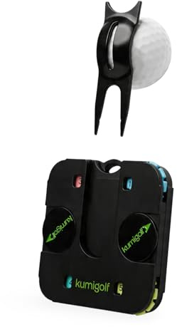 kumigolf 5-in-1 Golf Multitool Karte - Premium Golf Scorezähler für 4 Spieler, Golfschlag Zähler, Pitchgabel mit Ausrichtungshilfe, Magnetische Ballmarker, Griffauflage, Golf Zubehör Geschenk