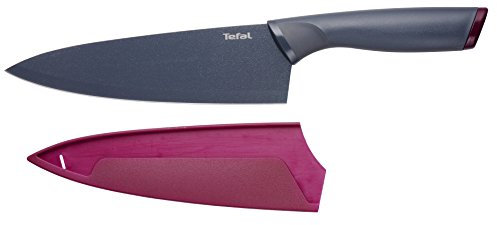 Tefal Fresh Kitchen Couteau chef 20 cm, Lame en acier inoxydable avec titane de haute qualité, Revêtement antiadhésif, Zone confort, Etui de protection de lame K1220205, Gris