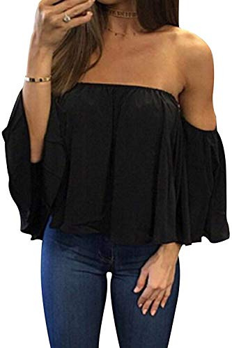 Bluetime Women Summer Off Shoulder Chiffon Blouse Ruffles Short Sleeves Tops Casual T Shirt (M, Black)