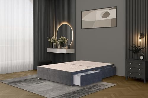 Bed Centre Flexby Divan Bed Base Only with 2 Drawers (Same Side), No Headboard - Available in 3FT, 4FT, 5FT & 6FT (5FT King, Plush Charcoal Fabric)