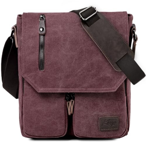 Kasgo Small Messenger Bag, 11-inch Water-Resistant Canvas Shoulder Crossbody Bags for Men Women Vintage Lightweight Satchel for Travel Work School Business, Wine Red