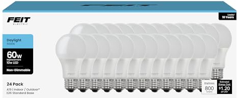 Feit Electric A19 LED Light Bulbs, 60W Equivalent, Non Dimmable, 800 Lumens, E26 Standard Base, 5000k Daylight, 80 CRI, 10 Year Lifetime, Energy Efficient, 24 Pack, A800850/10KLED/MP/24