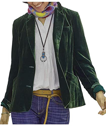 SOMTHRON Giacca da donna in velluto intrecciato, con risvolto vintage, da ufficio, abbottonatura frontale aperta, con tasche, verde scuro, XXL