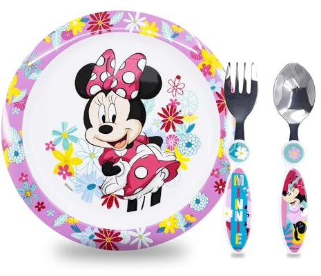 Sorrisini Vajilla Infantil Reutilizable Apta Para Microondas Para Niños y Bebés Minnie Mouse, Juego de Desayuno para la Primera Comida Cubiertos, Tenedor, Cuchara de Acero Inoxidable y Plato, sin BPA