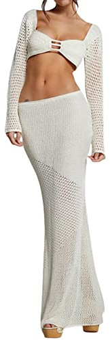 Lerrita Femme Bikini Cover Ups Crochet Jupe en tricot 2 pièces Crochet Jupe Set Sexy Manches longues Unicolore Hollow Out Tie-Up Crop Top+Wappend Jupe Vêtements de plage Y2K Bodycon Streetwear
