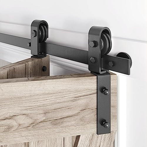 Roymelo 36 Bifold Sliding Barn Door Hardware Track Kit,Side Mounted Black J Shape Roller,Smoothly and Quietly,Assembly Easy,Fit Double 16 Bi-Folding Doors (Door Not Included)