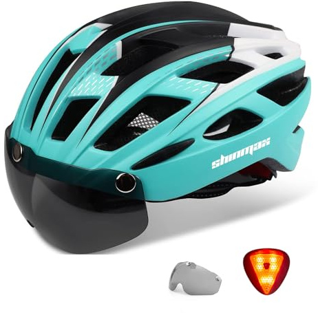Shinmax LED Casco con Visiera Magnetica Staccabile - Bici MTB Ultraleggero Traspirante per Uomo Donna, Occhiali Rimovibili, Ciclismo NR-096