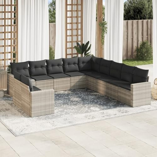 Homgoday Juego de 11 sofás de jardín con cojín, muebles de balcón, sofá de esquina, muebles de jardín, sofá de jardín, sofá de jardín, sofá de balcón, salón de jardín, gris claro, poliratán