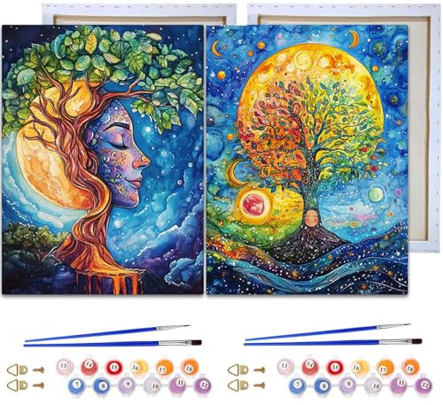 Reofrey Enmarcado Pintura por Numeros Adultos Árbol Sol y Luna - 2Piezas 20x30cm Cuadros Para Pintar Por Numeros Incluye Pinceles Y Acrílicos - Arte Relajante Para Principiantes, Decoración Del Hogar