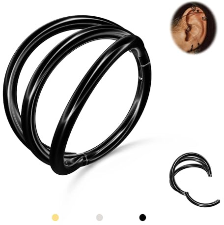 BodyBonita Triple Hoop Nose Ring - Black G23 Titanium Septum Rings 16G Nose Piercings Jewelry Conch Helix Daith Rook Tragus Cartilage Earring Hinged Nostril Piercing Lip Rings 9mm