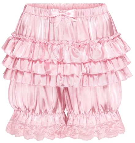 Satini Short Bouffant Satin Volants Dentelle Sissy | Étages en Cascade, Ceinture Élastique, Esprit Rétro, Bas Froncé Ballon, Lolita et Cosplay, Tailles S-XXL