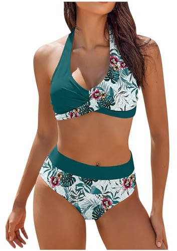 2025 Maillot De Bain Femme 2 Pieces Gainant Ventre Plat Ensemble De Bikini Taille Haute Maillots Deux PièCes Push Up Rembourré Maillot de Bain de Plage à Imprimé Hawaïen, Vert foncé, XL