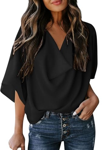 Blusas De Mujer Elegantes Manga Larga Algodon Verano Blusas Basicas Tallas Grandes Vestir Ropa Mujer Verano 2025 Camisetas Cuello V Elegantes Suelto T Shirts Mis Pedidos Realizados(Negro,L)