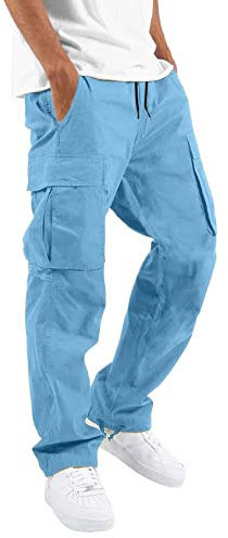 Convertible Cargo Trousers for Men UK, Reinforced Seams Pants Stretchy Casual Trousers Drawstring Waist Outdoor Workwear Multi Pockets Sky Blue XL