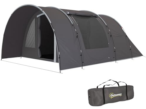Outsunny Tente de Camping avec Porche pour 4 à 6 Personnes, Tente Tunnel familiale légère ventilée étanche 5 000 mm Montage Facile, Sac de Transport et Tapis Inclus, pour randonnée Trekking, Gris