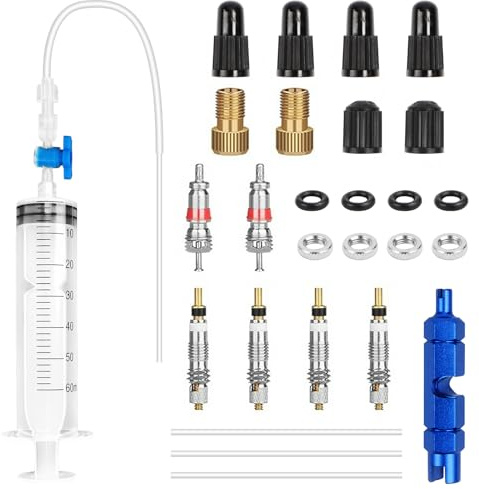 Feirdhoo Siringa Tubeless per Bicicletta – 60 ml Kit Riparazione Pneumatici Bici, 29 Pezzi Sealant Injector Set per MTB e Bici da Strada, incl, Rimozione del Nucleo della Valvola
