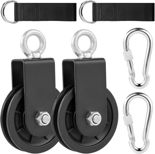 JITIFAZH 90mm Pulley System with Hanging Strap Carabiner, Gym Cable Pulley System, for DIY Home LAT Pulldown, Gym Equipment and Lift Cable Machine, Load 150 kg (2Sets-Black)