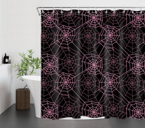 HavenCraft Rideau De Douche Halloween Rose Et Noir avec Motif Toile D'araignée 180x200cm Rideaux De Salle De Bain Gothiques Géométriques Imperméable Anti Moisissure Tissu Joli Salle De Bain Decor