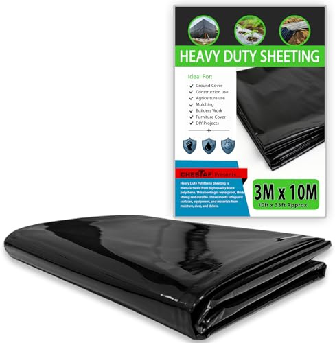 CHESTAF 3M X 10M Black Plastic Sheeting Heavy Duty, 2750G Thick Polythene Sheeting Garden Grow, Dust Sheet Waterproof Outdoor Cover, Large Construction Gardening Insulation, Building Rubble Protection