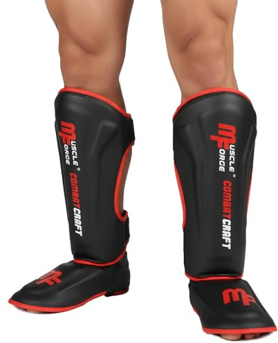 MuscleForge Paratibie Kick Boxing con Protezione del Piede Taglia L – per Muay Thai, MMA e Arti Marziali – Imbottitura Eva Alta Densità, Cinghie Regolabili, Rivestimento in Velluto Traspirante