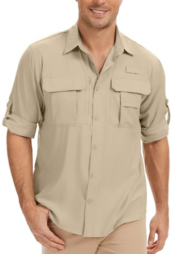 Belelvia Men's Long Sleeve Shirts UV Protection Safari Shirts, Button-Down Hiking Fishing Sun Shirt Quick Drying Lightweight Outdoor Walking Travel Golfing Shirts