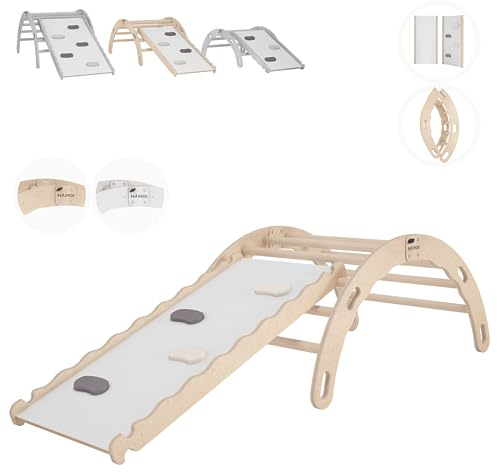 MAMOI Arco de escalada con tobogán, triángulo trepador, arco iris de madera, arco de madera, tabla antideslizante para parque infantil, estructura de escalada interior, Montessori