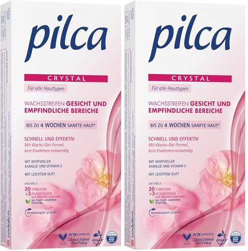 Pilca Kaltwachsstreifen für das Gesicht - Enthaarungsstreifen auch für empfindliche Stellen - 2er Pack (1 x 20 Stück gebrauchsfertige Kaltwachsstreifen ohne Erwärmen + 4 Pflegetücher)