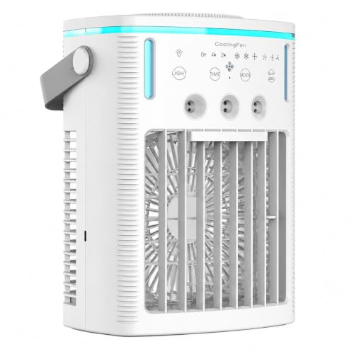 4-en-1 Aire Acondicionado Portátil 1000ml con Mando a Distancia, Mini Enfriador de Aire con 3 Agujeros de Pulverización, Climatizador Evaporativo con Control Táctil, Temporizador 2-4-8H y 7 Colores LE