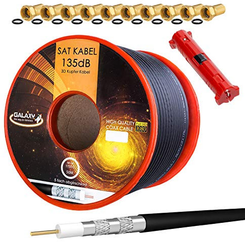 Câble SAT coaxial HB-Digital 50m 135db + 10x connecteur F plaqué or + 1x dénudeur Câble d'antenne satellite en cuivre pur CU 5 voies blindé pour DVB-S / S2 / C / C2 / T / T2 DAB + systèmes radio BK
