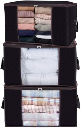 Lifewit 3 Pack 95L Clothes Storage Bags Large Storage Box with Lid Packing Boxes for Moving House with Reinforced Handle Thick Fabric Clear Window for Clothes Duvet Blankets Bedding, Black