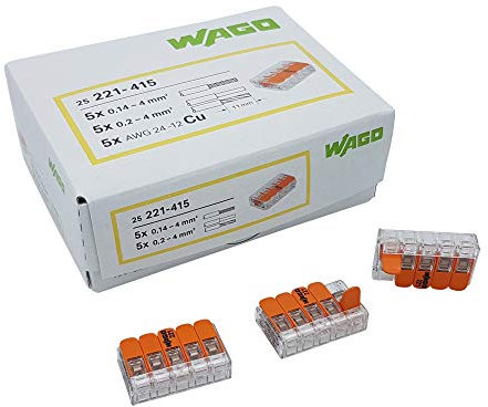 25 pièces Wago borne de raccordement 5 fils avec levier 0,2-4 qmm petit modèle, transparent