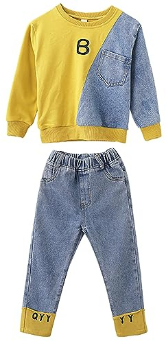 amropi 2 PCS Set Completo Ragazze Felpa + Denim Pantaloni Jogging Tuta Sportiva Giallo Blu,10-11 Anni