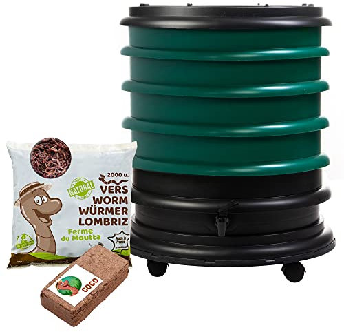 WORMbox | Wurmkomposter Wurmfarm Wurmkiste mit 4 Schalen Dunkelgrün + 1kg Kompostwürmer / 2000 STK + 1 Coco | 64 Liter | Regenwurmkomposter, Kompostwürmer produzieren Wurmhumus