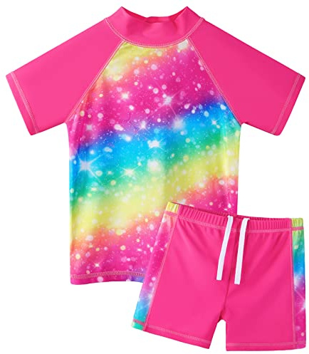 ZNYUNE Fille Maillot de Bain Imprimé 2 Pièces Haut Manches Courtes + Short Enfant Rash Guard Anti-UV Protection Solaire UPF50+