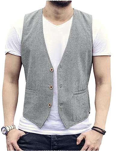 AeoTeokey Gilet estivo in lino, da uomo, casual, vestibilità regolare, grigio chiaro, L